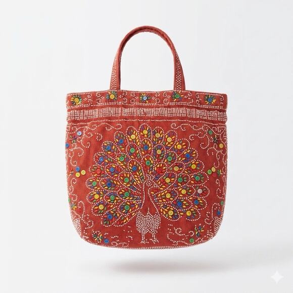 Handmade Handbags - Vintage Red Beaded Peacock Purse Retro Boho Hippie Handmade Seed Beads 70's
